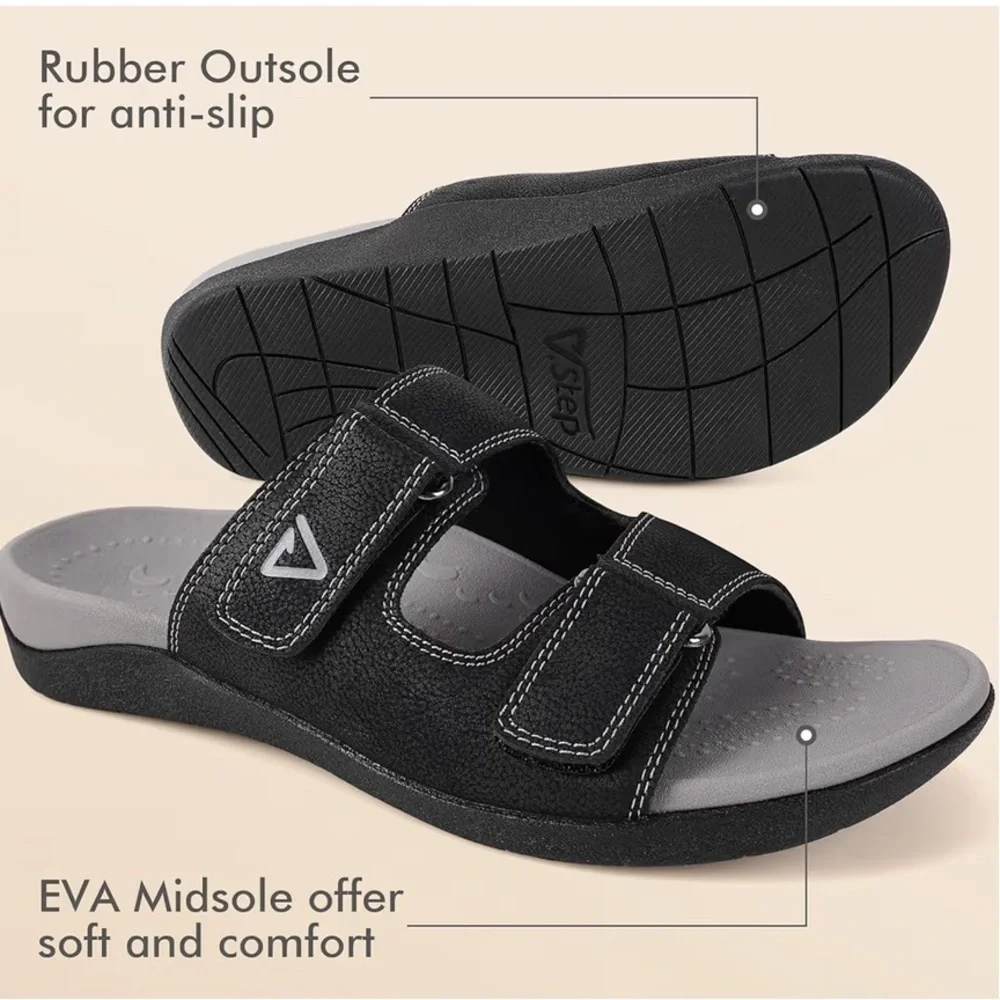 V Step Orthopedic Slides Womens Size 10 Mens 9 Black Adjustable Arch Support New